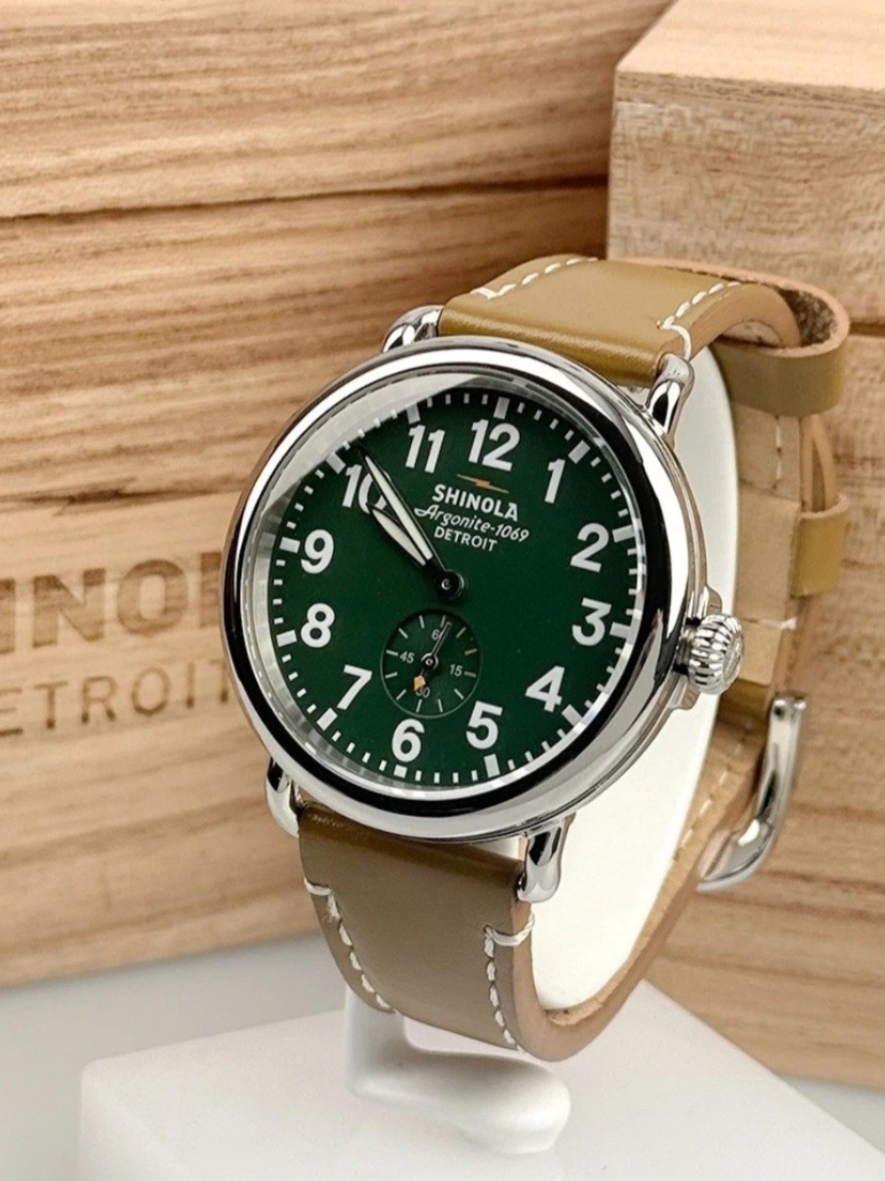 Shinola Runwell Men's Leather Strap Watch - Green Dial, Tan Strap